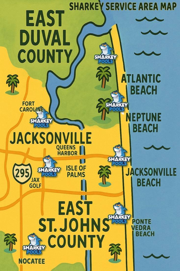 Sharkey Pools service area map covering Atlantic Beach, Neptune Beach, Jacksonville Beach, Ponte Vedra Beach and Nocatee